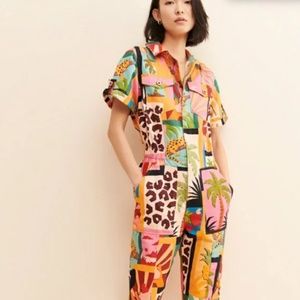 Farm Rio x Anthropologie Tropical Collage Print M Pink Black Canvas Coveralls